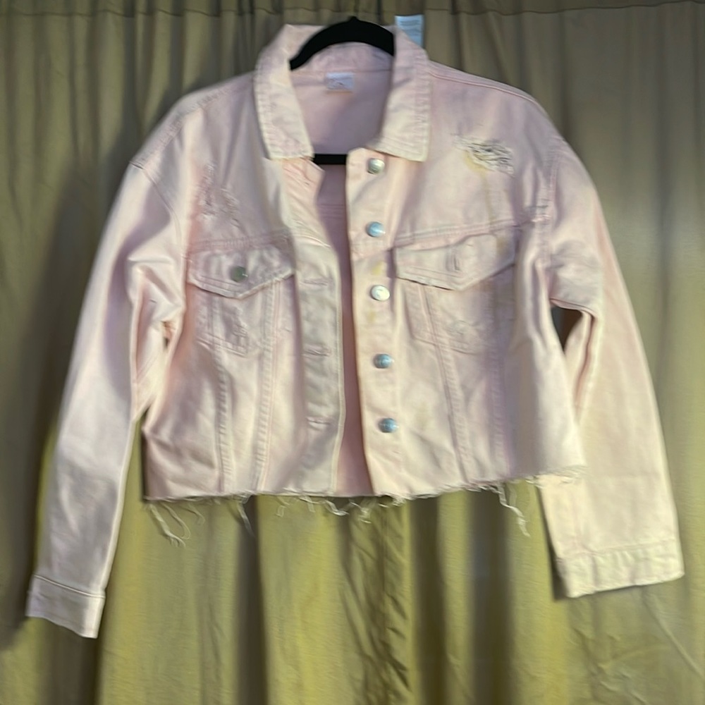M 7-9 Light Pink Distressed Denim Jacket Long Sleeve Funct Pockets STAIN IN PICS